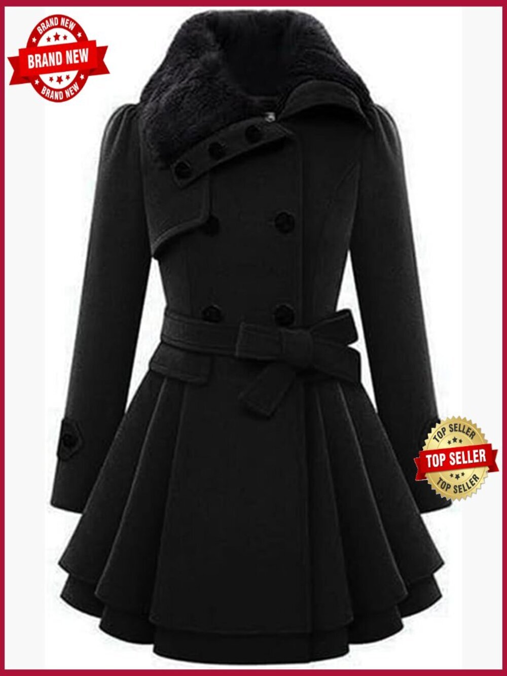 Women's Double Breasted Trench Coat with Faux Fur Lapel Flared Hem